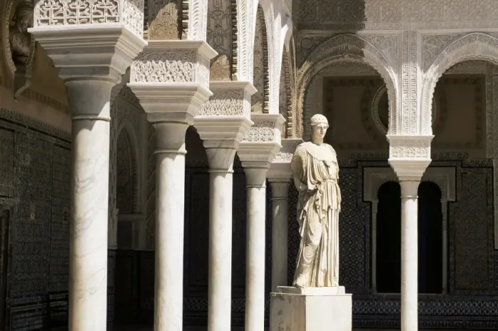 Framed Print : Mudejar arches and Greek statue of Athene in the Patio Principal Framed Print : Mudejar arches and Greek statue of Athene in the Patio Principal