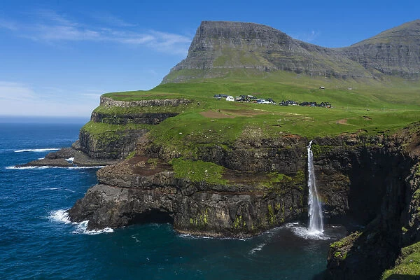 Mulafossur waterfall, Gasaldur, Vagar Island, Faroe Islands, Denmark, Europe