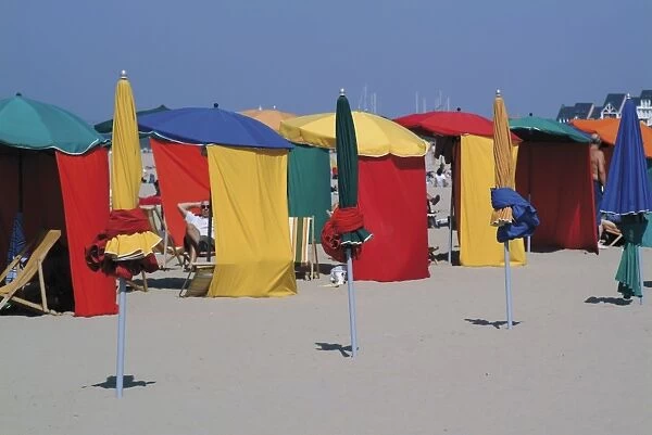 Multi-coloured beach tents and umbrellas, Deauville, Calvados, Normandy, France, Europe