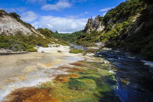 Multi coloured geothermal river in the Waimangu Volcanic Valley, North Island, New Zealand, Pacific