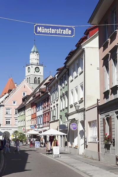 Munsterstrasse and the tower of St Nikolaus Minster, Uberlingen, Lake Constance (Bodensee), Baden Wurttemberg, Germany, Europe