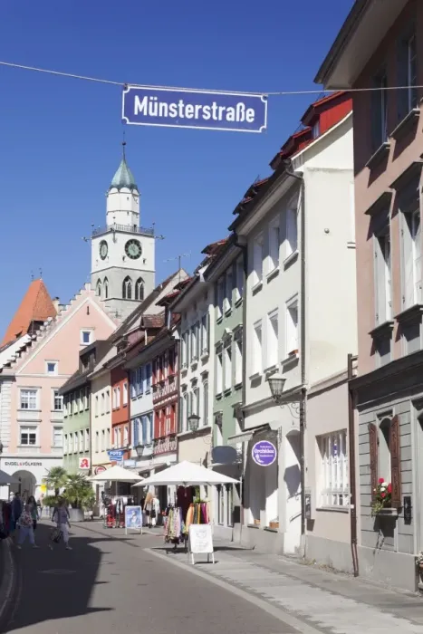 Framed Print : Munsterstrasse and the tower of St Nikolaus Minster, Uberlingen, Lake Constance (Bodensee), Baden Wurttemberg, Germany, Europe