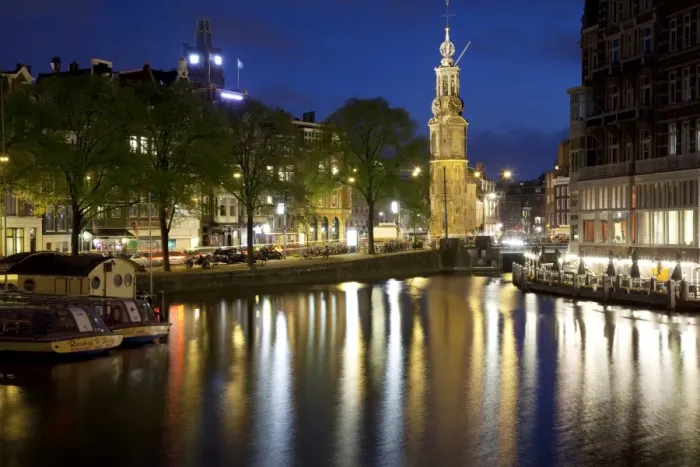 Framed Print : Munttoren and canal at dusk, Amsterdam, Holland, Europe Framed Print : Munttoren and canal at dusk, Amsterdam, Holland, Europe