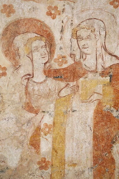 Mural of the Visitation dating from the 12th to 16th century in the church of Moutiers