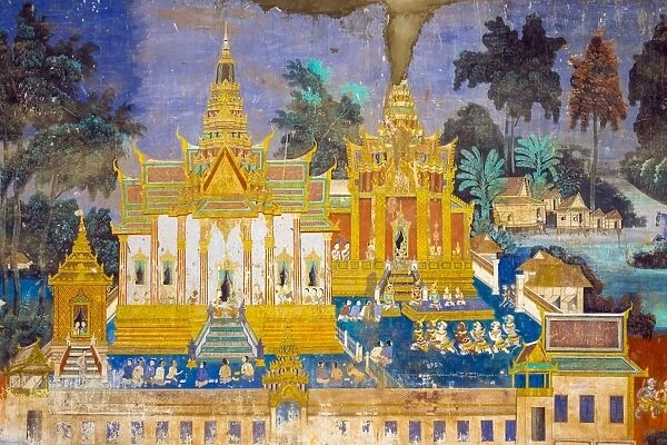 Murals depicting scenes from ancient epic Reamker (Ramayana) at the Silver Pagoda