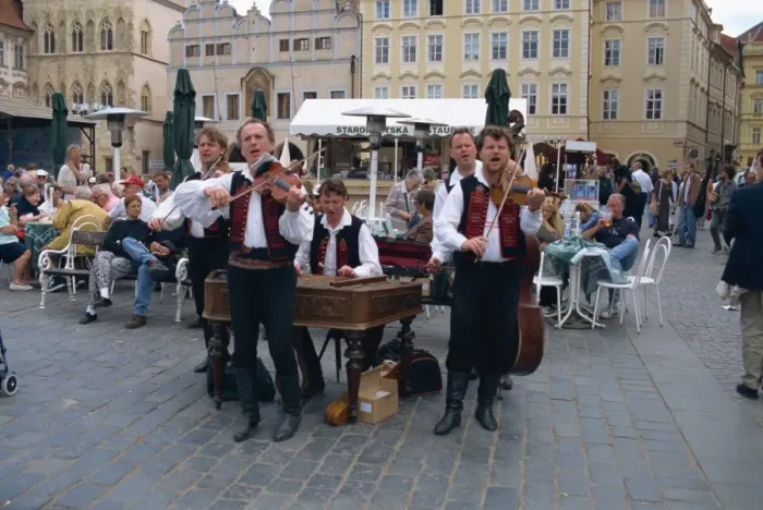 Framed Print : Musicians playing in city square, Prague, Czech Republic, Europe Framed Print : Musicians playing in city square, Prague, Czech Republic, Europe