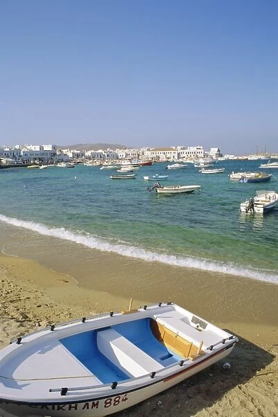 Mykonos Town harbour from the beach