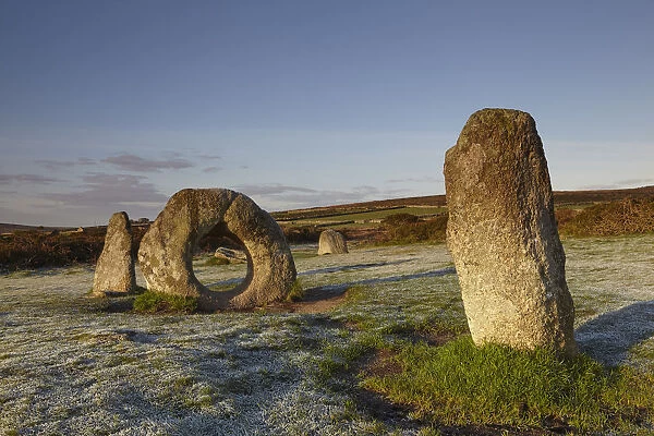 The mysterious prehistoric Men-an-Tol ring stone on a frosty morning