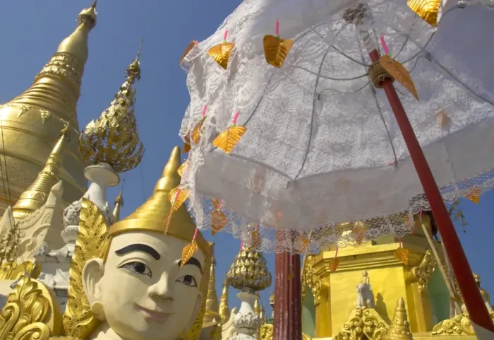 Framed Print : Mystical figure, white umbrella and golden stupas, Shwedagon Paya, Yangon (Rangoon)