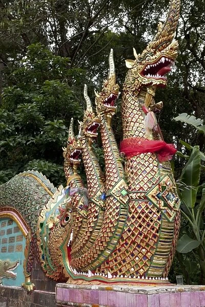 Mythical beasts at entrance to Wat Phra That Doi Suthep, Chiang Mai, Northern Thailand, Thailand, Southeast Asia, Asia
