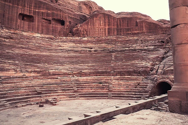 Nabatean theatre carved out solid rock of the mountains, Petra, UNESCO World Heritage Site, Jordan, Middle East