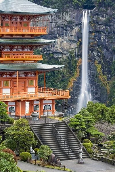 Nachisan Seiganto-ji pagoda at Kumano Nachi Shrine with Nachi Falls in the background