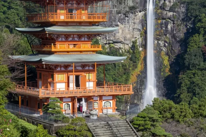 Framed Print : Nachisan Seiganto-ji pagoda at Kumano Nachi Shrine with Nachi Falls in the background Framed Print : Nachisan Seiganto-ji pagoda at Kumano Nachi Shrine with Nachi Falls in the background