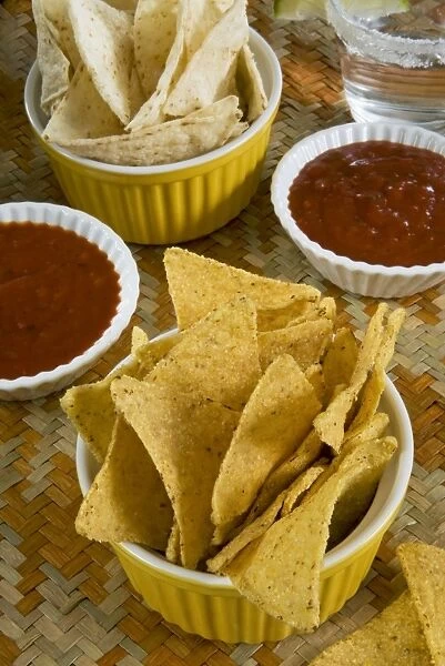 Nachos (Totopos) (tortilla chips) with chili sauce, Mexican food, Mexico, North America