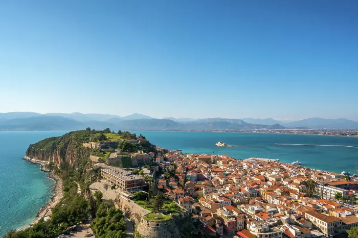 Framed Print : Nafplion historic city view with Palamidi fortress and Bourtzi Castle island, Nafplion, Peloponnese, Greece Framed Print : Nafplion historic city view with Palamidi fortress and Bourtzi Castle island, Nafplion, Peloponnese, Greece