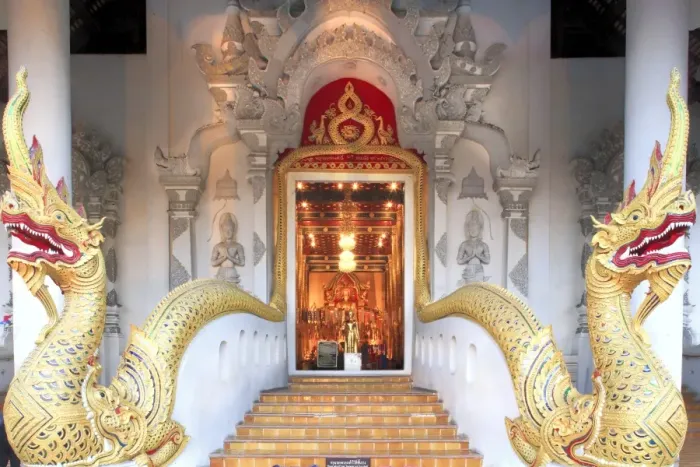 Framed Print : Naga dragons on the main bot of the temple of Wat Chedi Luang, Chiang Mai, Thailand