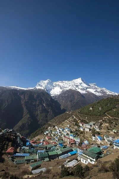 Namche Bazaar is the last town during the trek to Everest Base Camp, seen here with Kongde peak