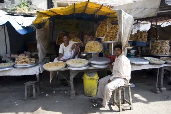 Framed Print : Namkeen (savoury snacks) stall, Amber, Rajasthan, India, Asia Framed Print : Namkeen (savoury snacks) stall, Amber, Rajasthan, India, Asia