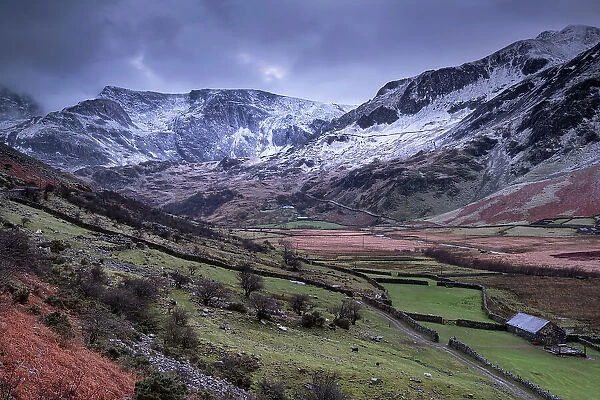 The Nant Ffrancon Valley backed by the Glyderau mountains in winter, Snowdonia National Park, Eryri, North Wales, United Kingdom, Europe