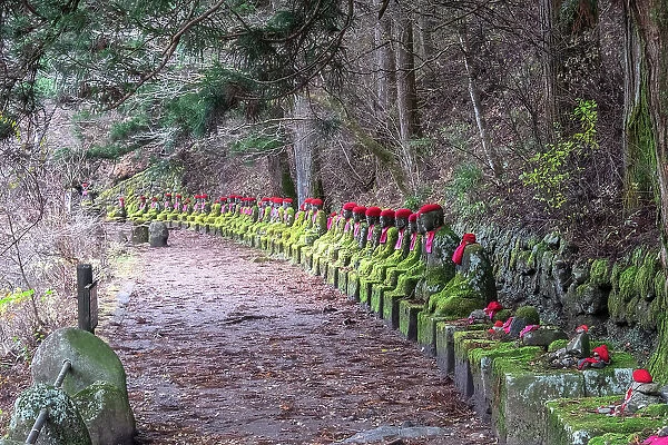 Narabi Jizo Buddha statues with red hat covered with Moss in Nikko, Tochigi, Honshu, Japan, Asia
