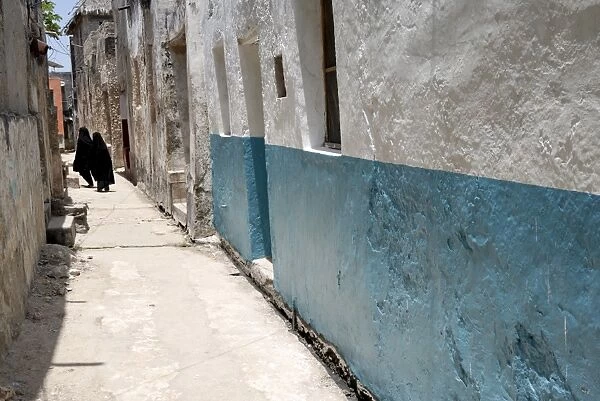 Narrow alley with Moslem women, Old Town, Lamu Island, UNESCO World Heritage Site