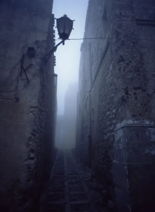 Framed Print : Narrow misty cobbled street Framed Print : Narrow misty cobbled street