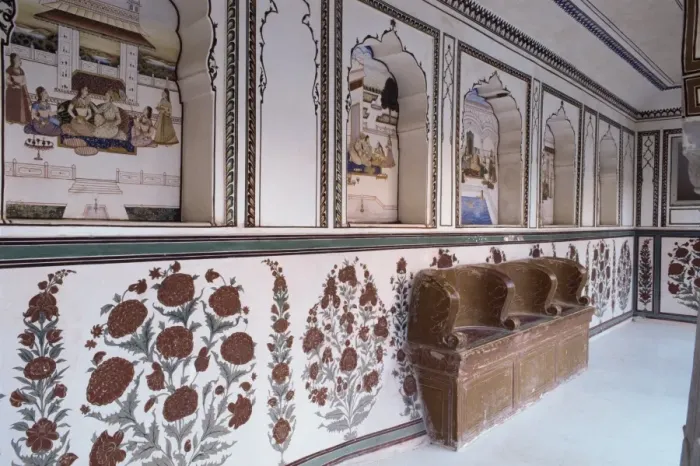 Framed Print : Narrow painted veranda with deep niches and carved Framed Print : Narrow painted veranda with deep niches and carved