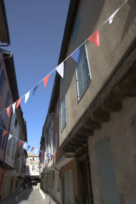 Framed Print : Narrow street with flags, Mirepoix, Ariege, Midi-Pyrenees, France, Europe