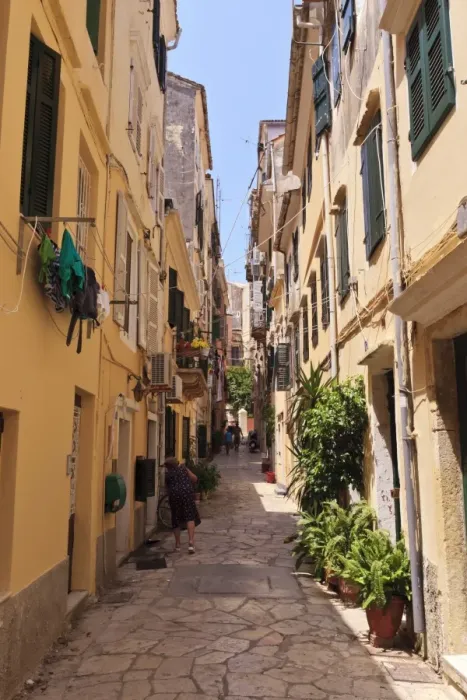 Framed Print : Narrow street with lady sweeping, Old Town, Corfu Town, UNESCO World Heritage Site, Corfu, Ionian Islands, Greek Islands, Greece, Europe Framed Print : Narrow street with lady sweeping, Old Town, Corfu Town, UNESCO World Heritage Site, Corfu, Ionian Islands, Greek Islands, Greece, Europe