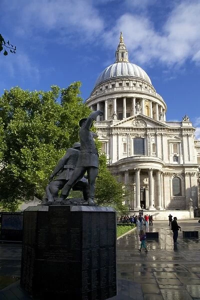 National Firefighters Memorial, Sermon Lane, and St. Pauls Cathedral, City of London, London, England, United Kingdom, Europe