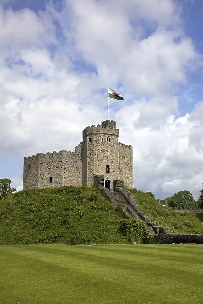 National Flag of Wales flying above the Norman Keep, Cardiff Castle, Cardiff