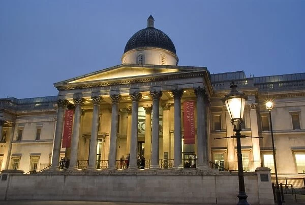 National Gallery at dusk, Trafalgar Square, London, England, United Kingdom, Europe