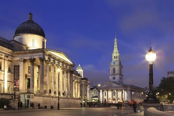 National Gallery at dusk, Trafalgar Square, London, England, United Kingdom, Europe