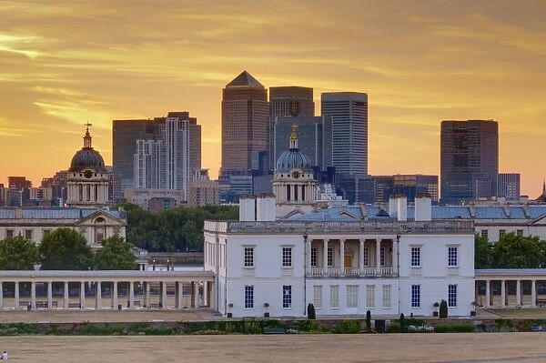 National Maritime Museum with Canary Wharf in Dockland on skyline, Greenwich