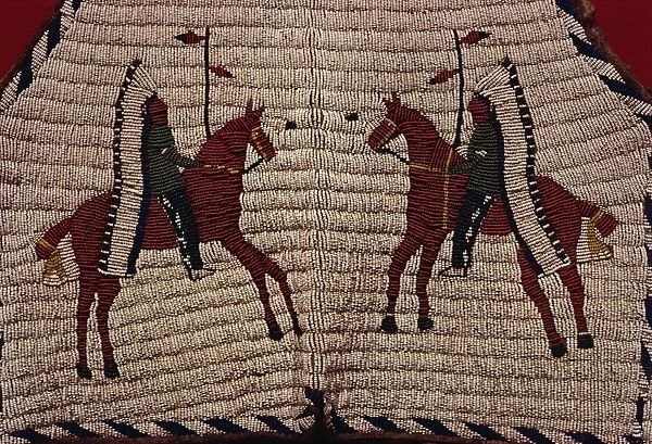 Detail of Native American glass beadwork on buckskin, dating from 1880