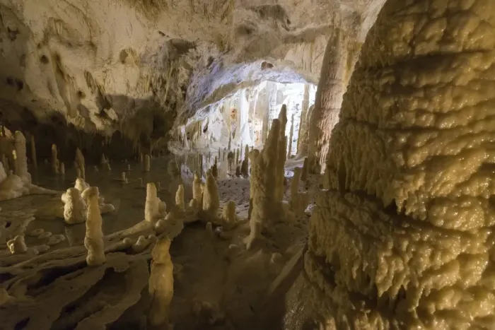 Framed Print : The natural show of Frasassi Caves with sharp stalactites and stalagmites, Genga Framed Print : The natural show of Frasassi Caves with sharp stalactites and stalagmites, Genga