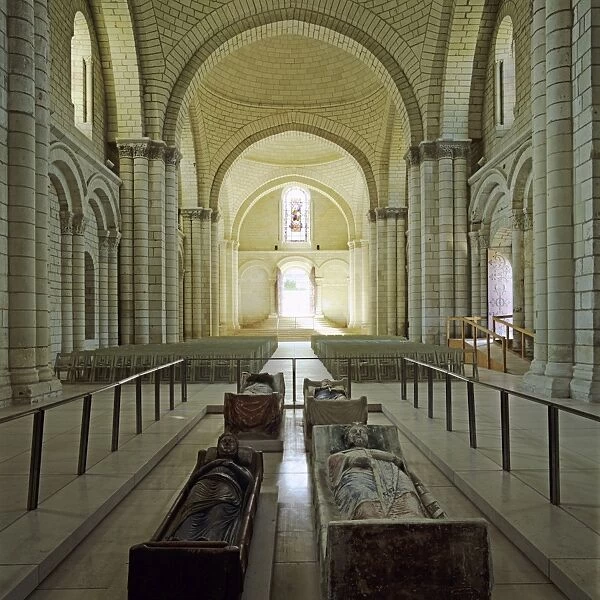 Nave of Abbey Church with effigies of Plantagenet monarchs, Fontevraud Abbey (Fontevraud-l Abbaye), Loire Valley, Anjou, France, Europe