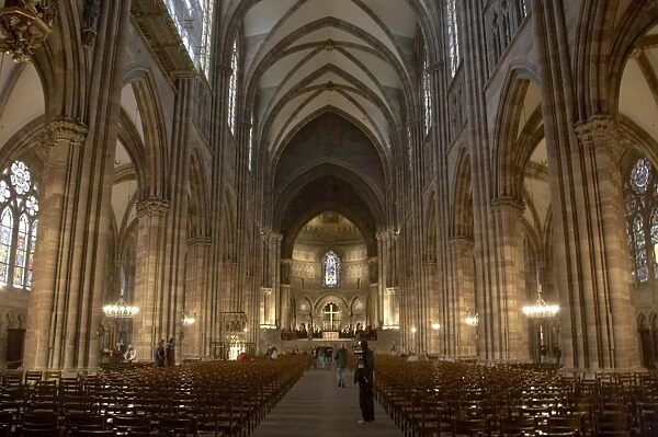 Nave of Notre-Dame gothic cathedral built in red sandstone, UNESCO World Heritage Site