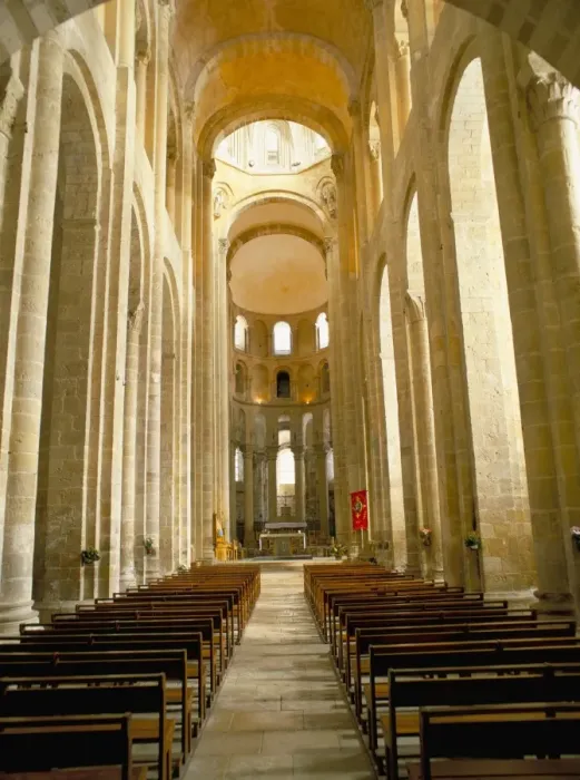 Framed Print : Nave of Romanesque abbey church of Ste. Foy, on pilgrimage route to Santiago de Compostela Framed Print : Nave of Romanesque abbey church of Ste. Foy, on pilgrimage route to Santiago de Compostela