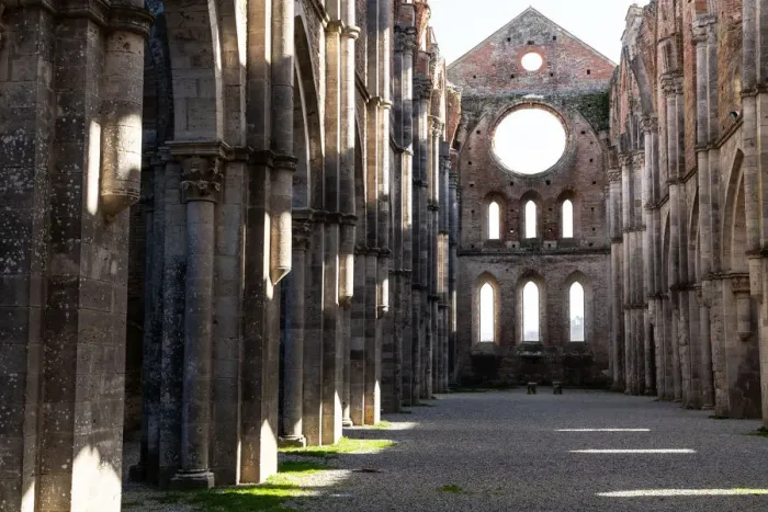 Framed Print : Nave of roofless 13th century Gothic Cistercian Abbey of San Galzano, Chiusdino, Tuscany Framed Print : Nave of roofless 13th century Gothic Cistercian Abbey of San Galzano, Chiusdino, Tuscany