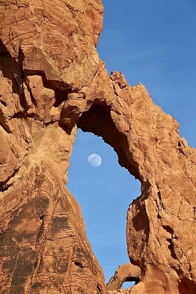 Near-full moon rising through an arch, Valley of Fire State Park, Nevada, United States of America, North America