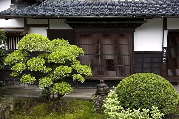 Neatly manicured landscape garden in courtyard of temple in Takufu, Fukui, Japan