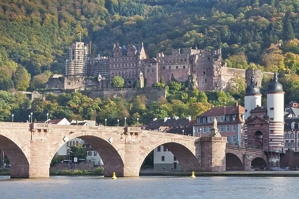 Neckar River with Karl Theodor Bridge, Stadttor gate and castle, Heidelberg, Baden Wurttemberg, Germany, Europe