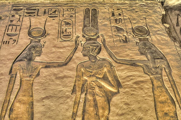 Nefertari in center, with Dieties, Reliefs, Temple of Hathor and Nefertari