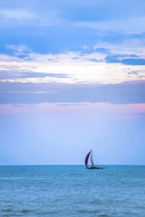 Framed Print : Negombo, traditional outrigger fishing boat (oruva) returning at sunrise to Negombo fishing market, Sri Lanka, Asia