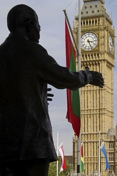 Nelson Mandela statue and Big Ben, Westminster, London, England, United Kingdom, Europe