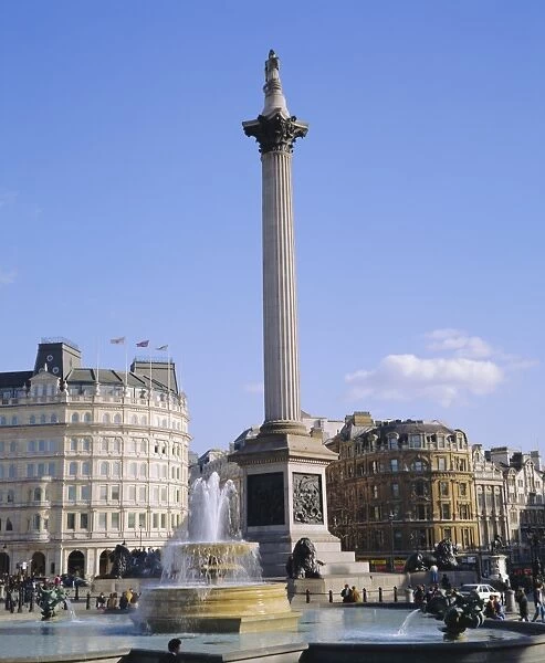 Nelsons Column and fountains, Trafalgar Square, London, England, UK