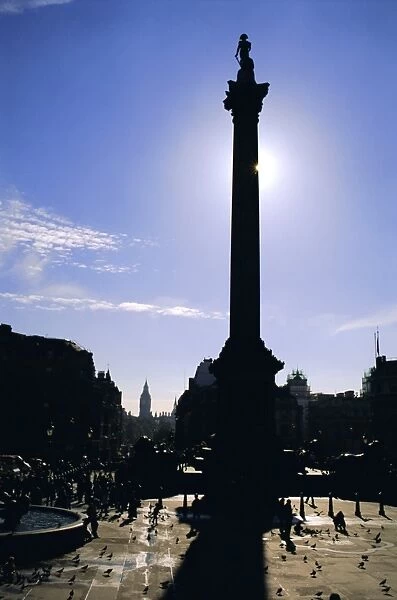 Nelsons Column in silhouette, Trafalgar Square, London, England, UK