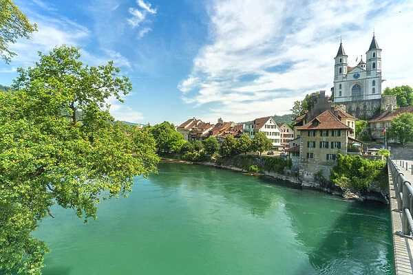 Neo-Gothic church on hilltop along Aare River, Aarburg, Canton of Aargau, Switzerland