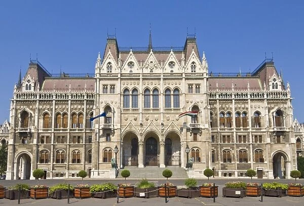 The neo-gothic Hungarian Parliament building front entrance, designed by Imre Steindl